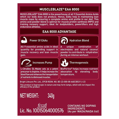 MuscleBlaze EAA 8000 Powder (Razz Lemonade, 340g, 25 Servings) | 8000mg EAAs Blend, 1000mg Hydration Blend | 750mg L-Citrulline