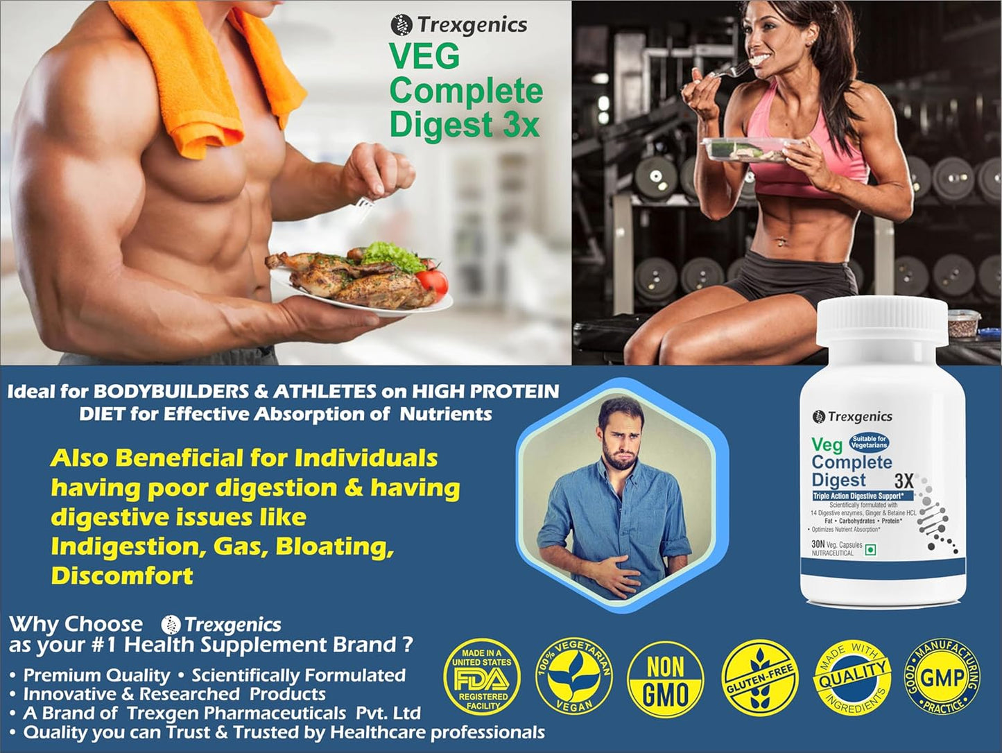 Advertisement for Trexegenics Veg Complete Digest 3x supplement with images of a muscular man, woman, and product packaging.