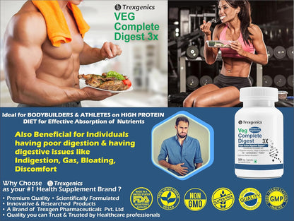 Advertisement for Trexegenics Veg Complete Digest 3x supplement with images of a muscular man, woman, and product packaging.