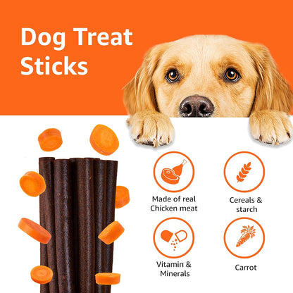 Amazon Basics Dog Treat Sticks 140 gm, Chewy Meat Sticks for Adult Dogs and Puppies, High Protein Dog Treats for Training and Snacks, Made of Real Chicken Meat, Ziplock Pack, Carrot Flavor