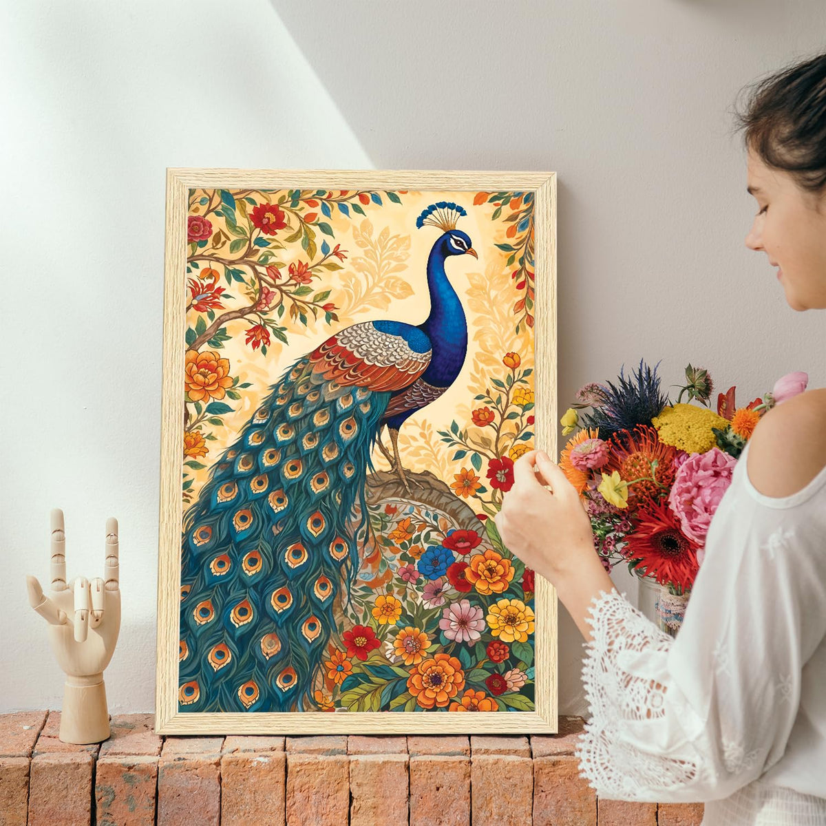 Peacock Painting For Wall Vastu with Frame for Home Decoration, Madhubani Painting for Living Room, 12.0 X 18.0 inches, Set Of 1