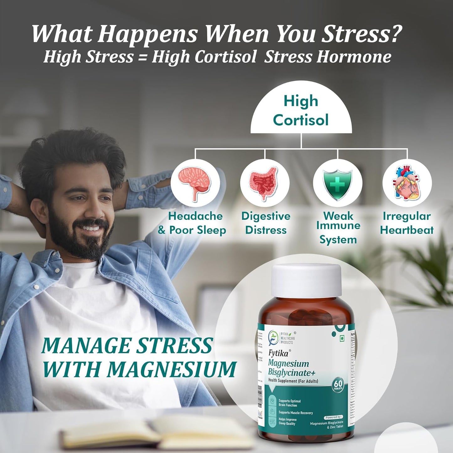 FYTIKA Magnesium Bisglycinate + | High Absorption Chelated Form| For Better Sleep, Stress Management, Muscle Recovery & Enhanced Workout | With Magnesium glycinate(as Bisglycinate) & Zinc | For Men & Women (PACK OF 1 – 60 TABS)