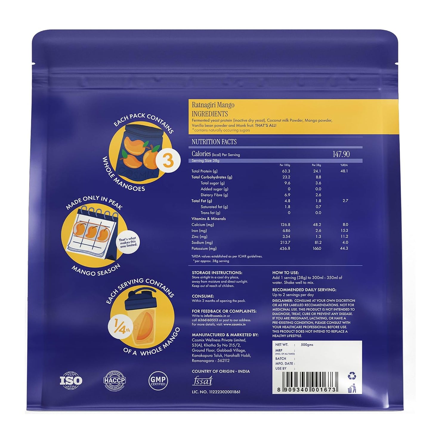 Cosmix Fermented Yeast Protein Powder | 24g Protein | Made with Real Mango | High Absorption with PDCAAS of 1 | No Dairy | Made In-House | Smooth, Tasty & Gut-Friendly | Ratnagiri Mango, 500g Pouch