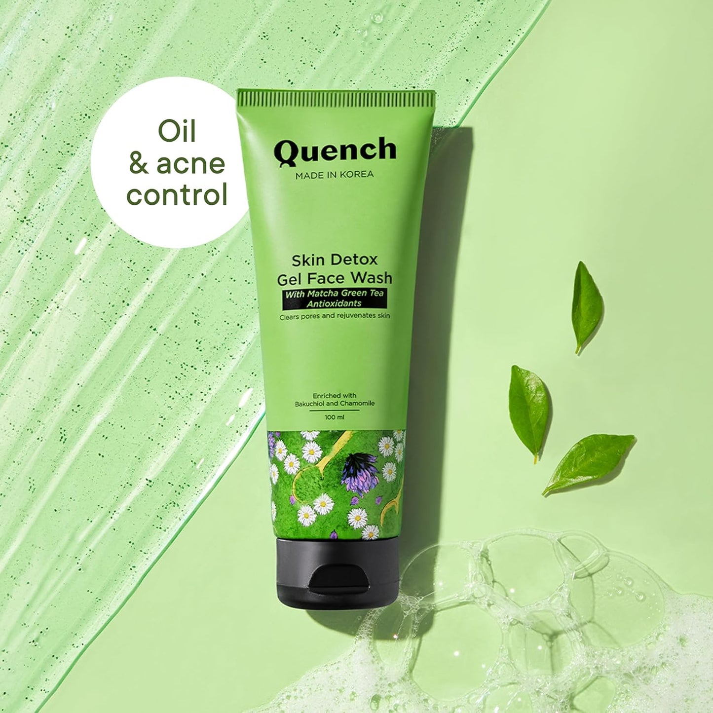 QUENCH BOTANICS Skin Detox Gel Face Wash with Matcha Green Tea Anti-Oxidants | Korean Face Wash for Oily & Acne-Prone Skin | Made in Korea (100ml)