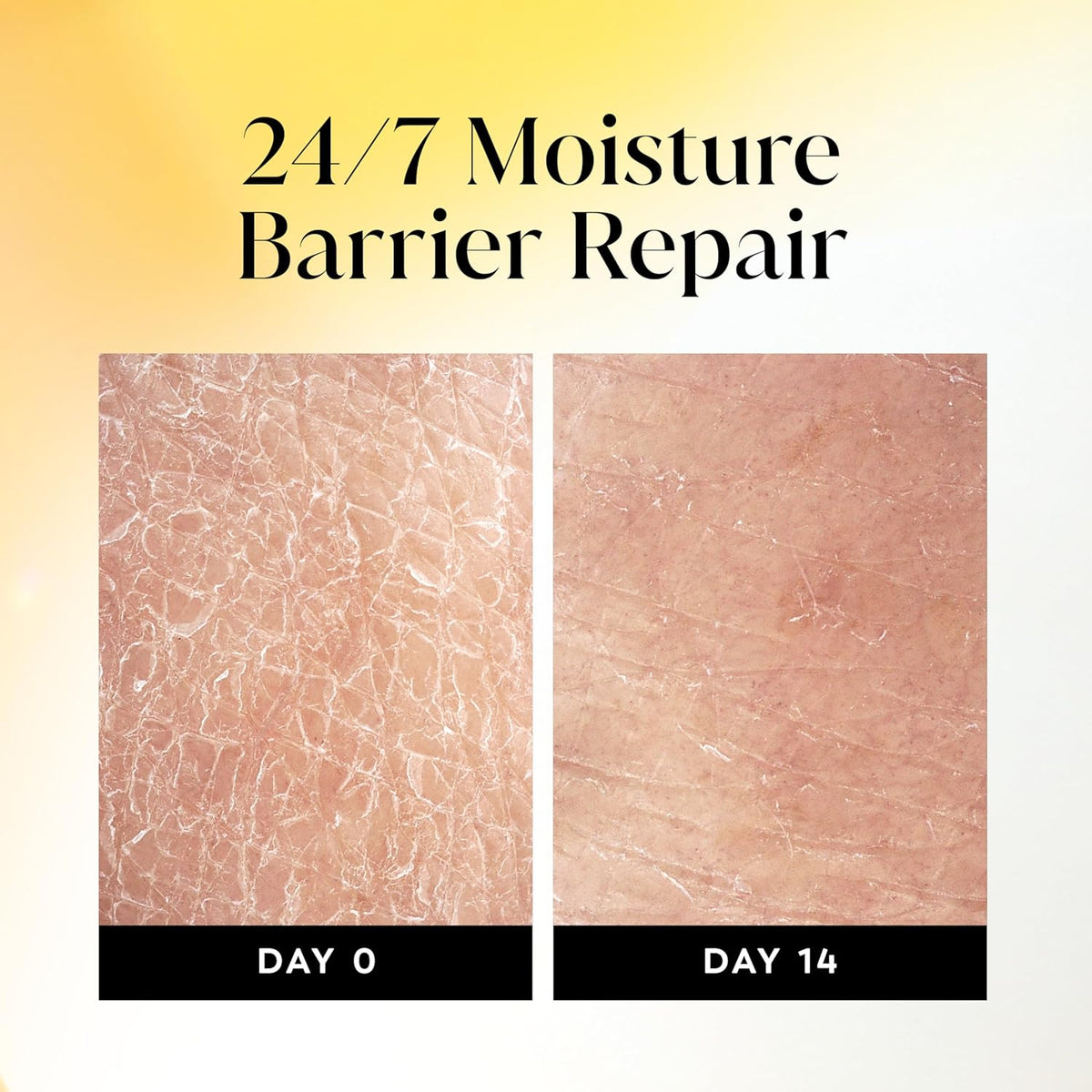 Before and after comparison of skin texture with '24/7 Moisture Barrier Repair' text.