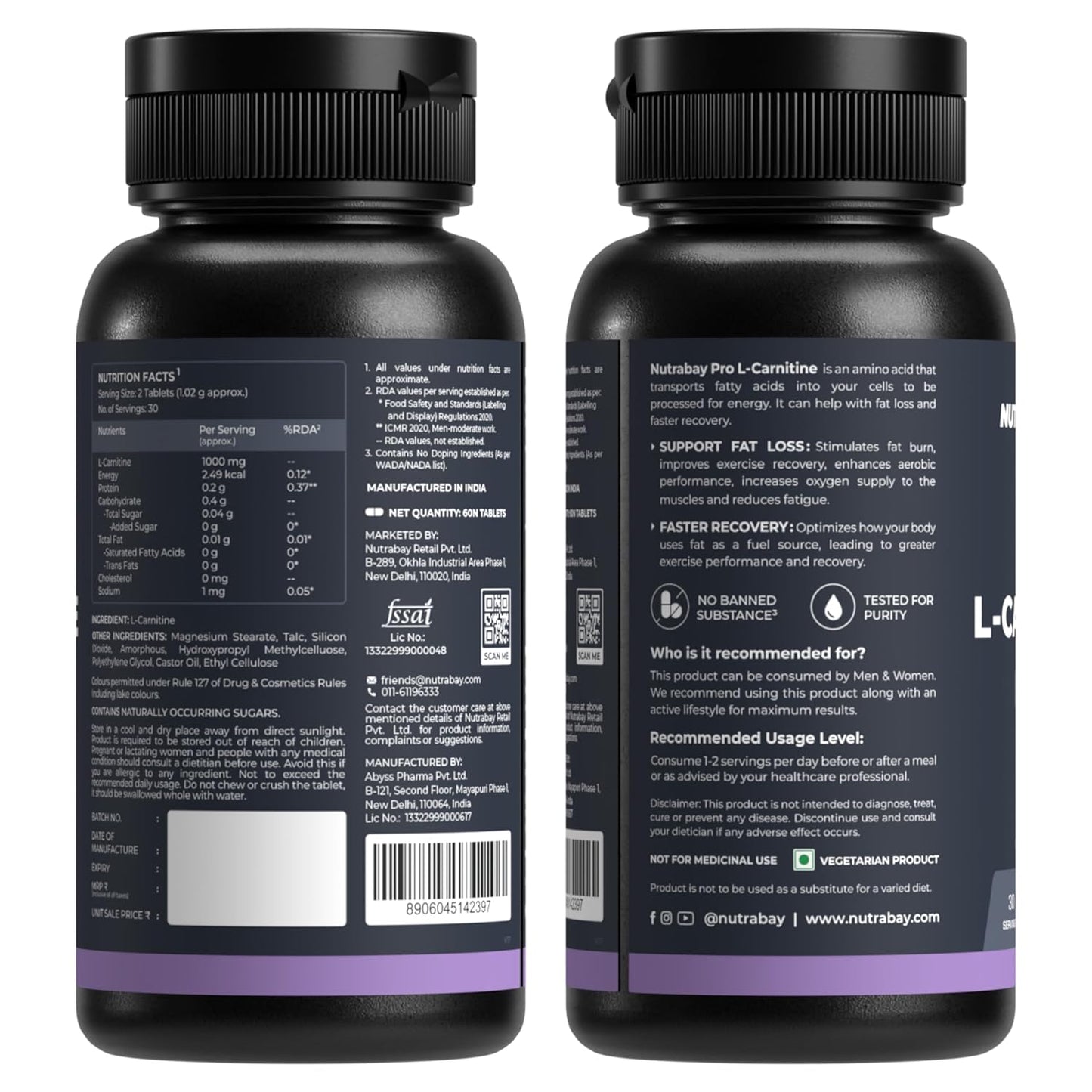 Two black supplement bottles with labels on a white background