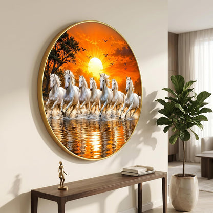 7 Horse Vastu Round Wall Painting with Premium PVC Golden Frame, White Running Horses Sunset Water Art for Living Room Office Home Decor Gift (20 x 20 Inch) GRL-449