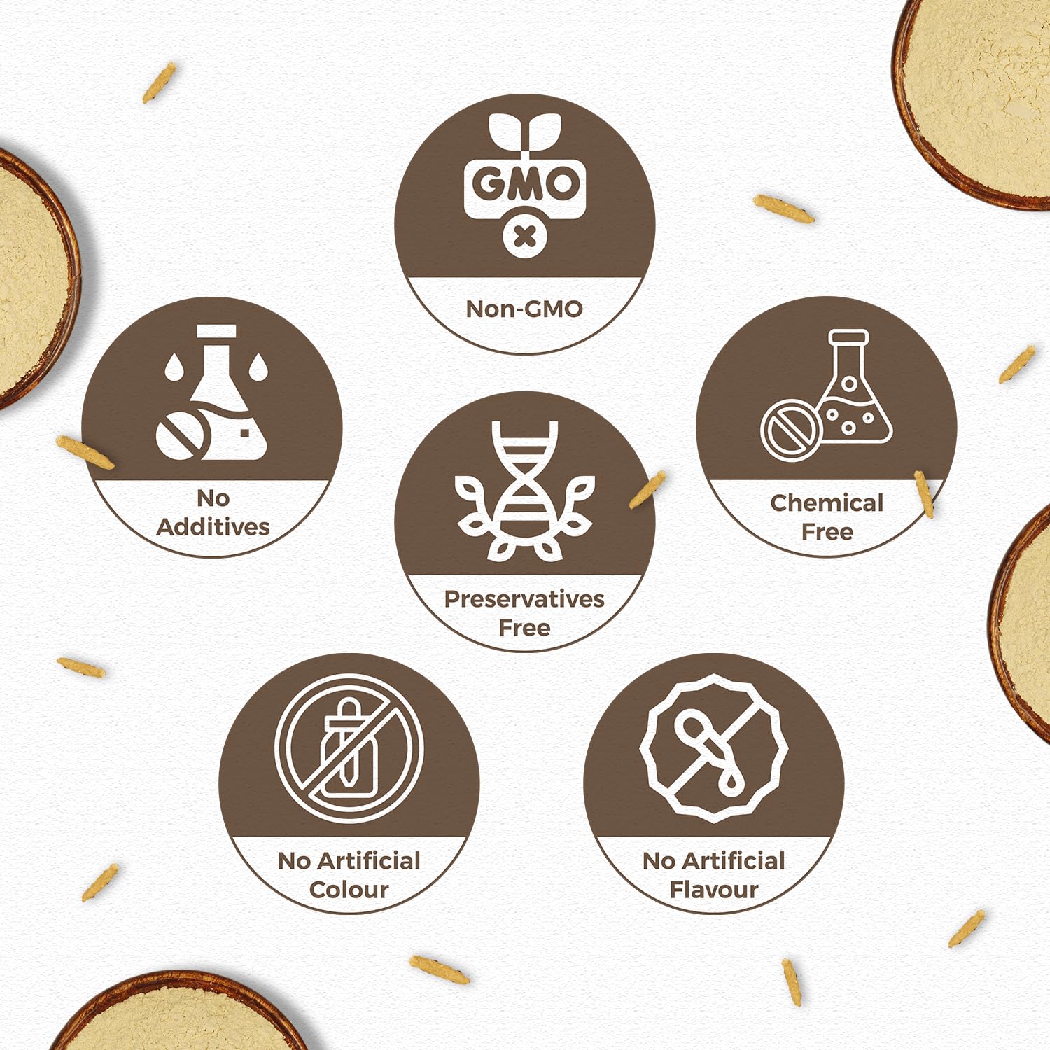 Collection of food safety and quality icons on a white background with bread slices.