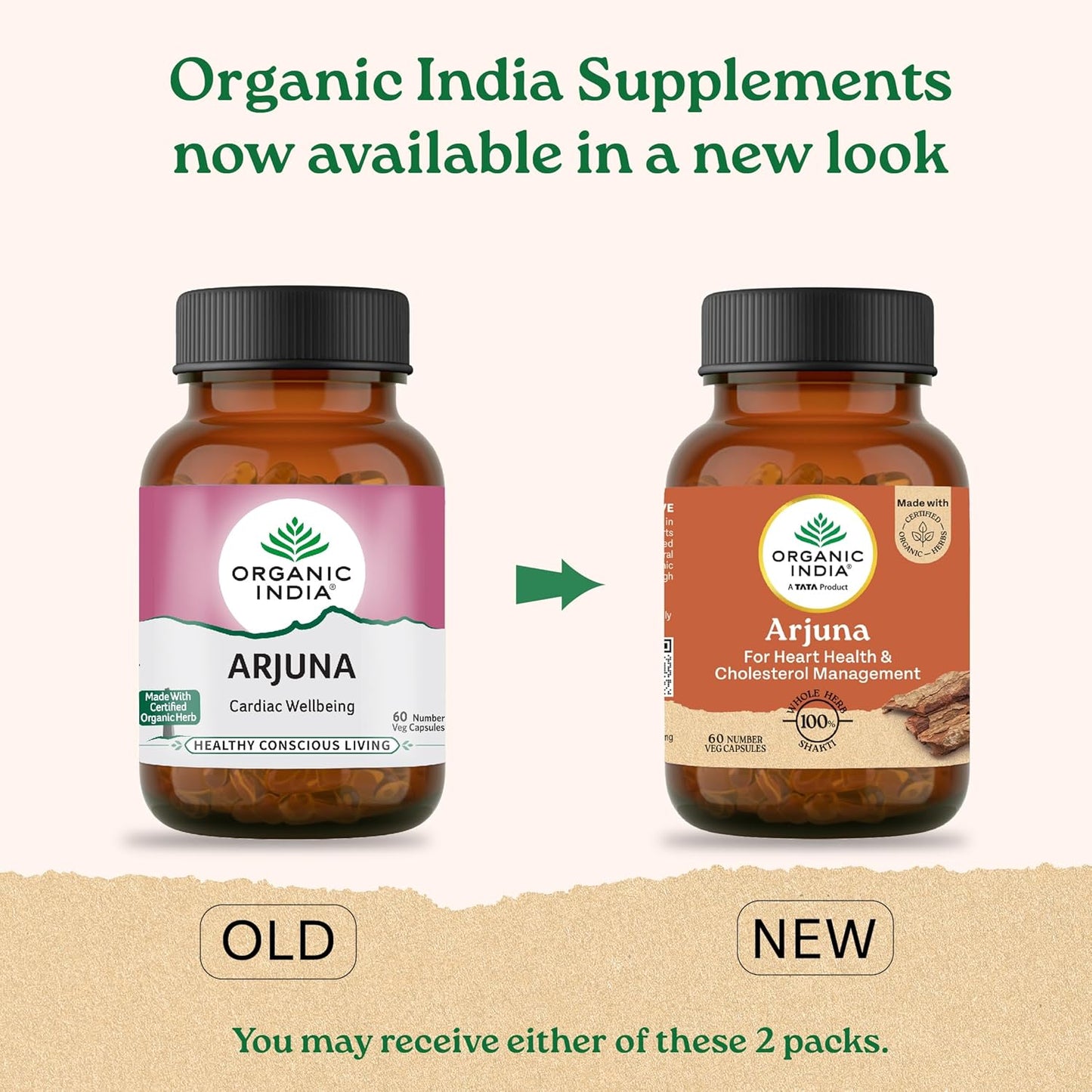 Comparison of Organic India Arjuna supplement bottles, old and new design, on a white background.
