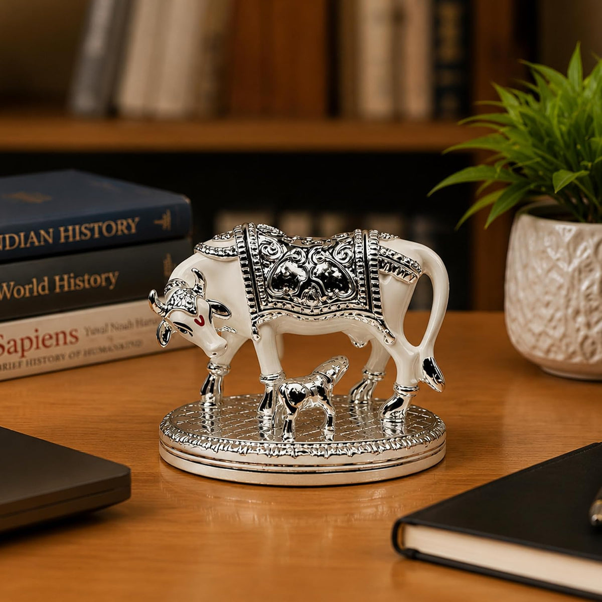 UNOVATE Kamdhenu Cow Idol for Home Temple, Pooja Room & Office Desk, Silver