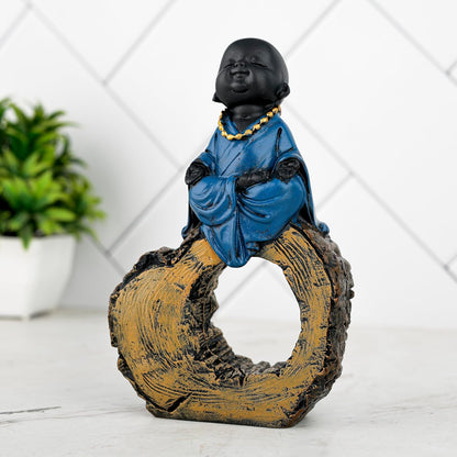 Laughing Buddha Baby Monk Idol Statue Showpiece Home Decor Items for Living Room and Gifts (Blue Black)