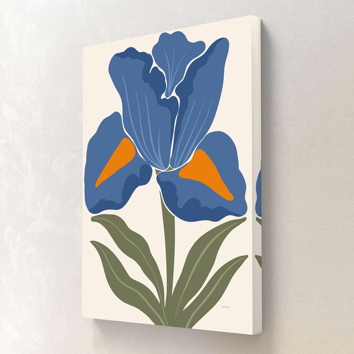 Modern Blue Iris Canvas Wall Art | Abstract Floral Painting with Orange Accent | Elegant Botanical Print on Beige Background | Ready to Hang for Living Room & Bedroom (18 x 24 Inch) CVD-448