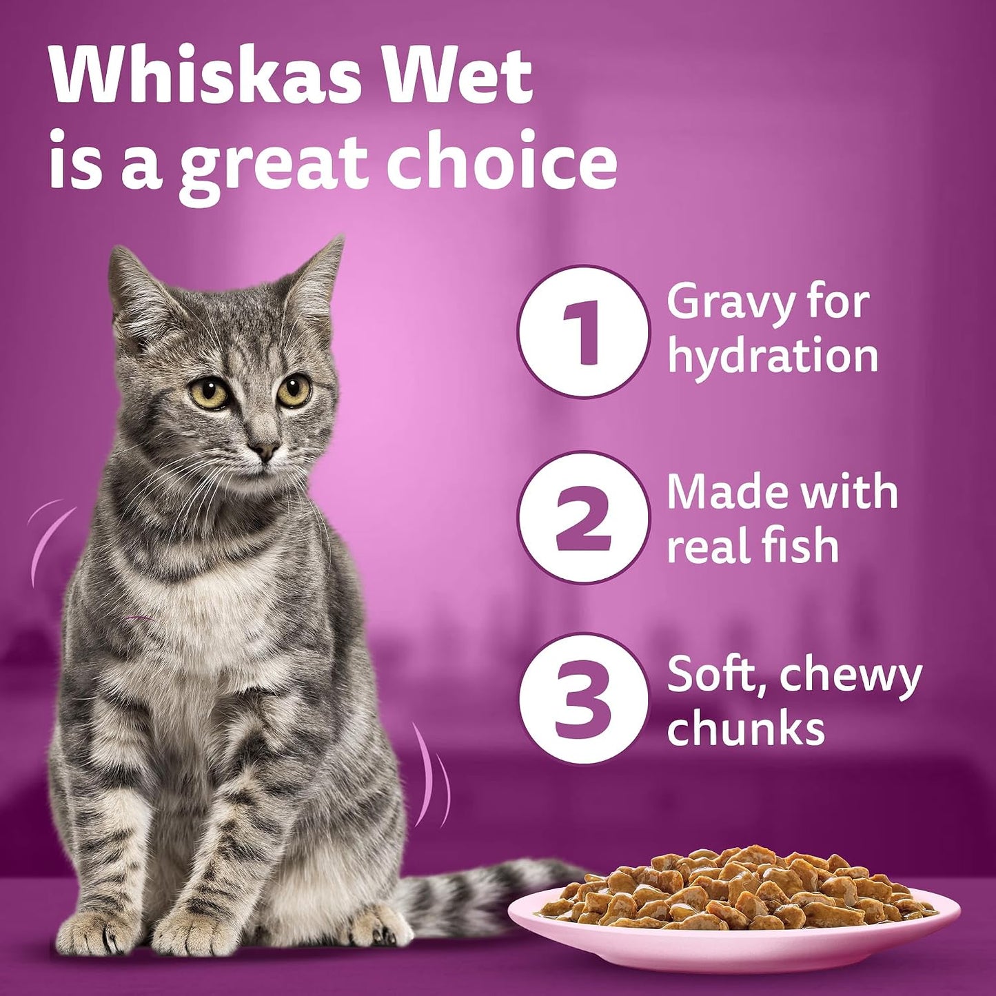 Whiskas Adult (1+ Years) Wet Cat Food, Salmon in Gravy, 80 g Hydrating Food Made With Real Fish, 100% Complete & Balanced Nutrition for Adult Cats
