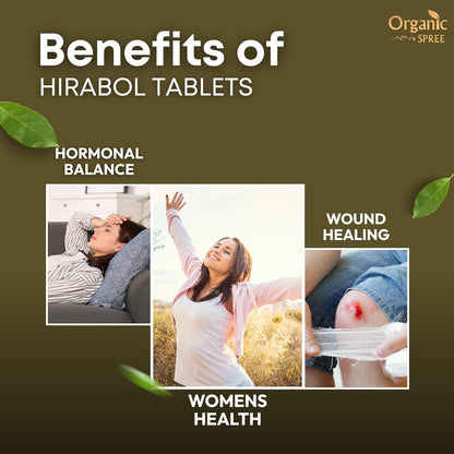 Advertisement for Hirabol Tablets with images of a woman, a couple, and a person with a bandaged knee on a brown background.