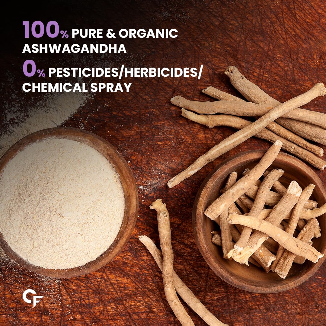Organic Ashwagandha roots and powder on a wooden surface with text about purity and absence of chemicals.