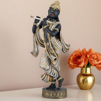 Krishna Idol Statue Showpiece for Pooja Home Decor Items for Living Room and Gifts (Black Antique Orange)