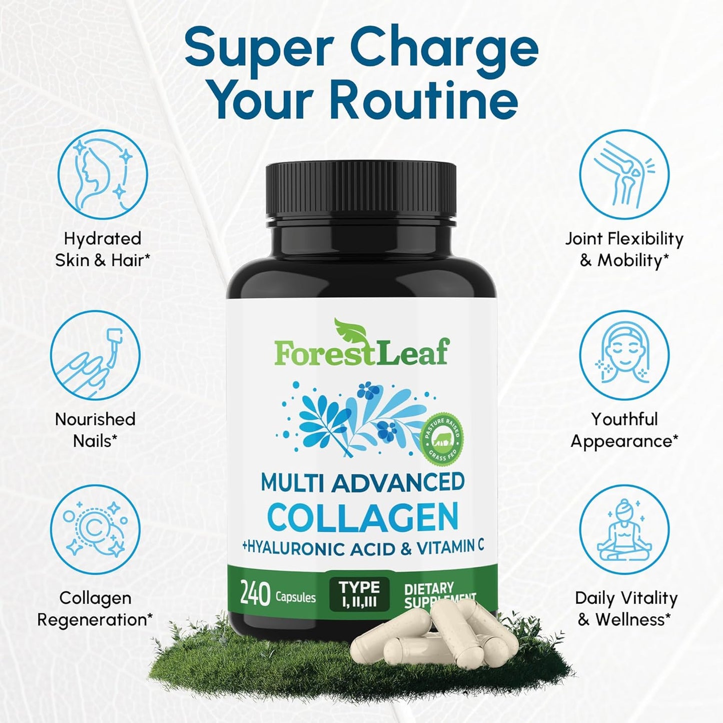 ForestLeaf Multi Advanced Collagen supplement bottle with benefits listed on a white background