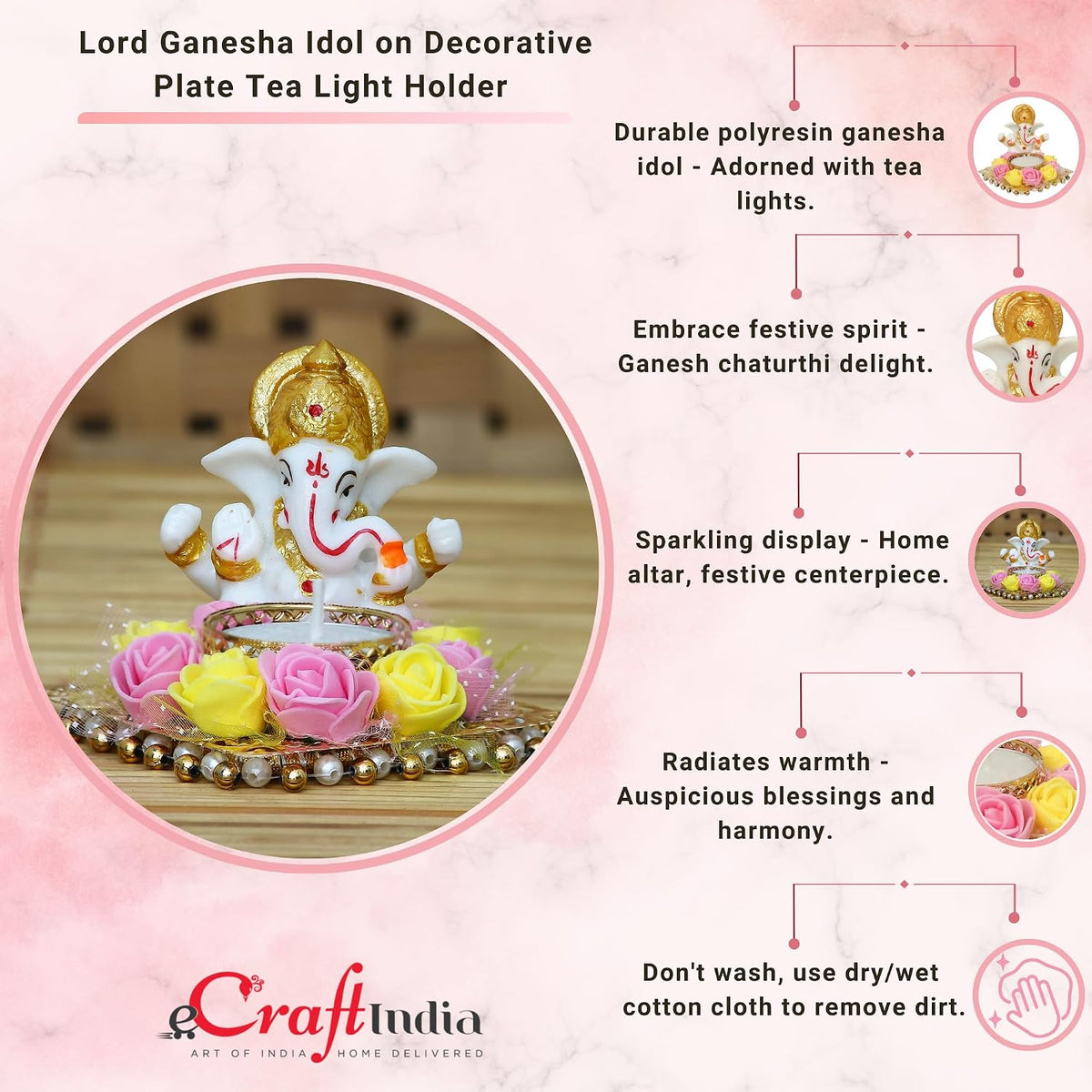 Resin Lord Ganesha Idol on Decorative Flower Plate Tea Light Candle Holder|Ganpati Murti Tea Light Holder Diwali Decoration Item for Home Decor Office|Gift for Diwali Housewarming Birthday