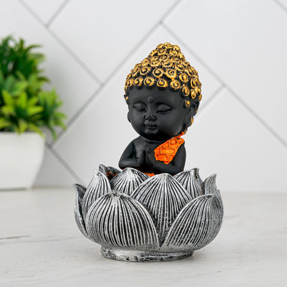Laughing Buddha Baby Monk Idol Statue Showpiece Home Decor Items for Living Room and Gifts (Orange Black)