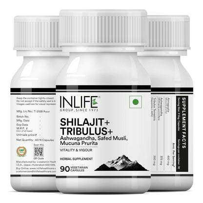 INLIFE Shilajit with Safed Musli | Ashwagandha, Tribulus (Gokshura) Capsules For Men and Women | Strength and Stamina | Ayurvedic Wellness Supplement - 90 Vegetarian Capsules