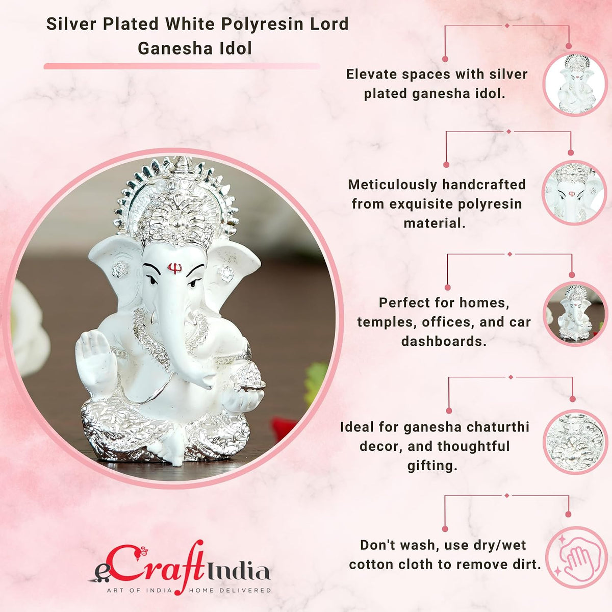 eCraftIndia Silver White Resin Lord Ganesha Idol for Home Decor Office Car Dashboard| Ganesha Statue for Puja Room| Ganpati Murti| God Statue Gift for Diwali Ganesh Chaturthi Housewarming Birthday