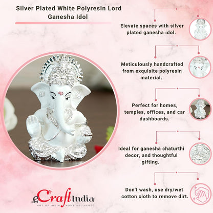 eCraftIndia Silver White Resin Lord Ganesha Idol for Home Decor Office Car Dashboard| Ganesha Statue for Puja Room| Ganpati Murti| God Statue Gift for Diwali Ganesh Chaturthi Housewarming Birthday