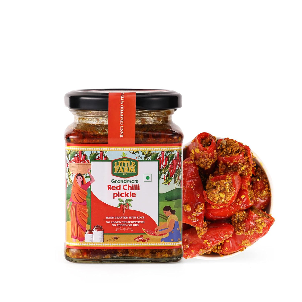 THE LITTLE FARM CO Banarasi Red Chilli Pickle - Lal Mirch ka Achar | Less Oil Mustard Base Homestyle Bharwa Lal Mirch Ka Achar with Spicy Flavour | No Added Preservatives, Artificial Colours & Flavours