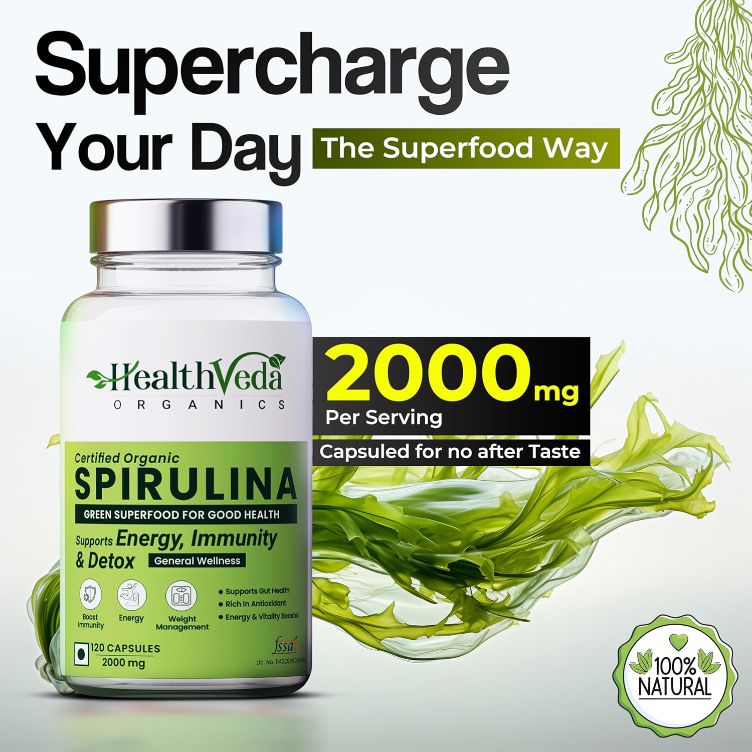 Zephivo HEALTH VEDA ORGANICS PRIVATE LIMITED Plant Based Spirulina, 2000 mg | 120 Veg Capsules I Supports Weight Management & Boosts Immunity | For both Men & Women