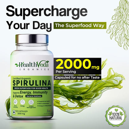 Zephivo HEALTH VEDA ORGANICS PRIVATE LIMITED Plant Based Spirulina, 2000 mg | 120 Veg Capsules I Supports Weight Management & Boosts Immunity | For both Men & Women
