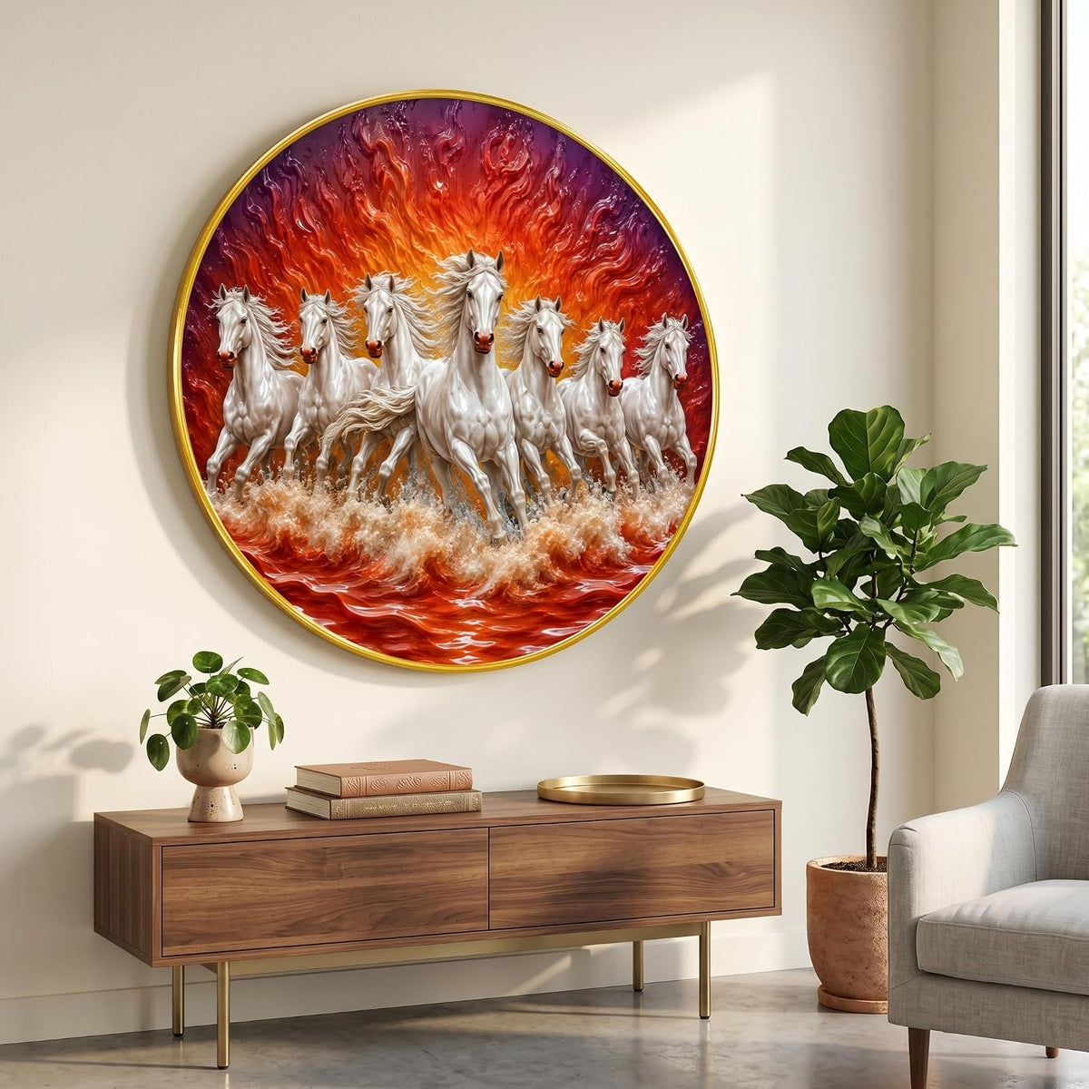 7 Horse Vastu Round Wall Painting with Premium PVC Golden Frame, White Running Horses Fire Ocean Art for Living Room Office Home Decor Gift (20 x 20 Inch) GRL-440