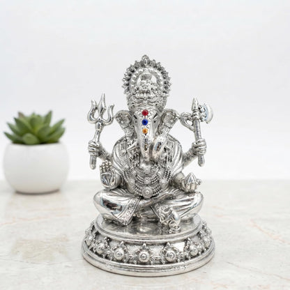 Dev Aastha Silver Plated Ganesh Idol 3 Inch with Gift Box | Ganpati Murti for Home Decor, Puja Room, Office Desk & Car Dashboard | Spiritual Housewarming Gift Showpiece