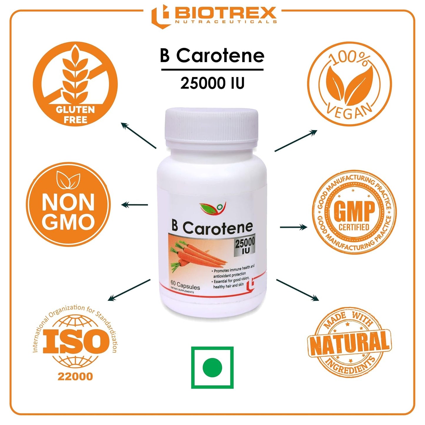 Biotrex Beta Carotene 25000IU - Essential for good vision, healthy hair and skin (60 Capsules), nutritional supplement, multivitamins, vitamin capsules, for men, women and adults, health supplements,