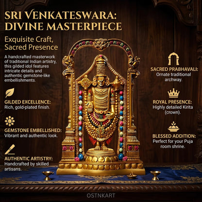 Lord Tirupati Balaji Murti – 8 Inch Golden Polyresin Statue | Handcrafted Venkateswara Idol for Home Temple, Office Desk & Spiritual Gift (Lord Srinivasa Govinda)