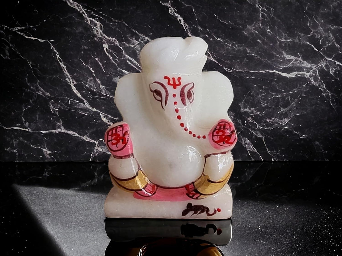 Makrana Marble Ganesha Idol for Car Dashboard | Beautiful Ganesh Murti for Home Temple, Home Main Entrance | Ganpati Figurine Showpiece Sculpture for Office Desk (Marble Ganesh 3 Inch)