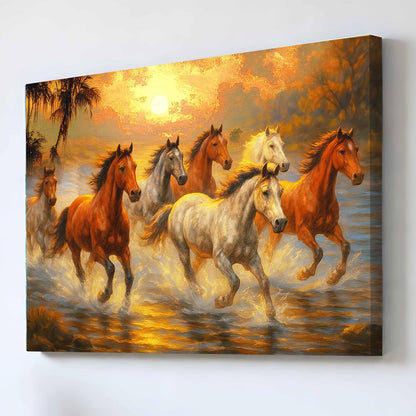 Seven Running Horses Wall Art Painting For Living Room, 7 Horsre Vastu Painting For Bedroom, Home and Office, Stretched canvas 16x22 Inch