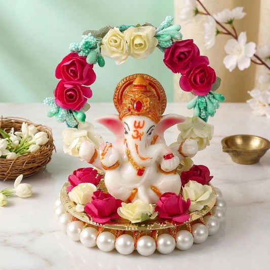 Lord Ganesha Idol on Decorative Handcrafted Plate with Throne of Colorful Flowers