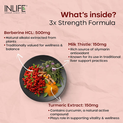 INLIFE Berberine HCL 500mg Supplements with Milk Thistle & Turmeric Extract Support for Men & Women - 60 Veg Capsules (Pack of 1, 60)