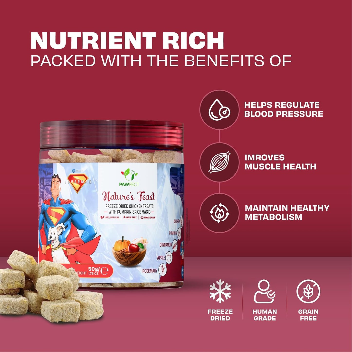 Pawfect Nature's Feast Pumpkin Spice Magic Freeze-Dried Chicken Treats for Dogs | Superman Edition | 80% Chicken, 20% Pumpkin Spice | Hypoallergenic | Grain-Free | Supports Digestion (50g/1.76oz)