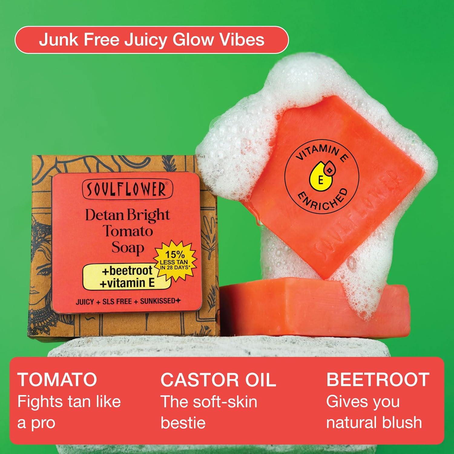 Detan Bright Tomato Soap with packaging on a green background
