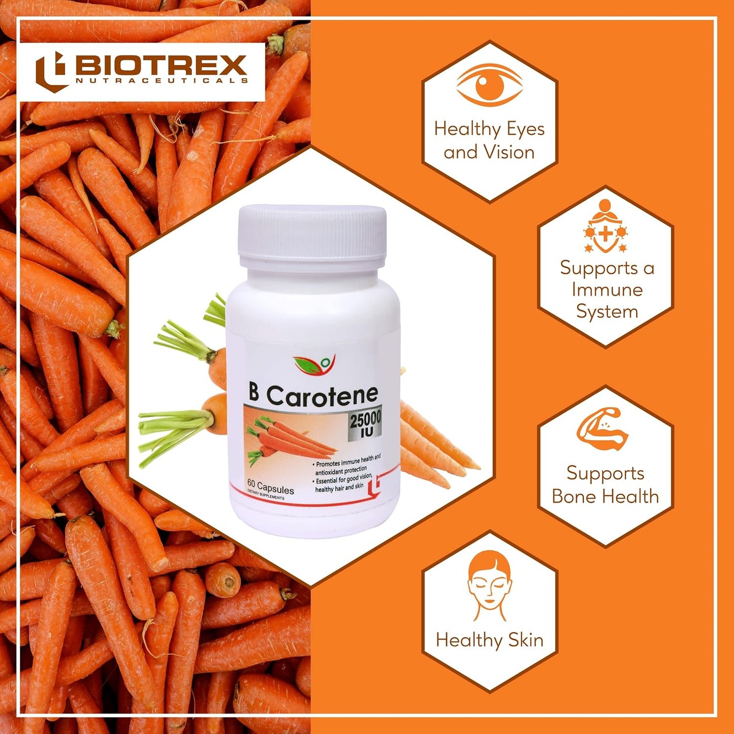 Biotrex Beta Carotene 25000IU - Essential for good vision, healthy hair and skin (60 Capsules), nutritional supplement, multivitamins, vitamin capsules, for men, women and adults, health supplements,