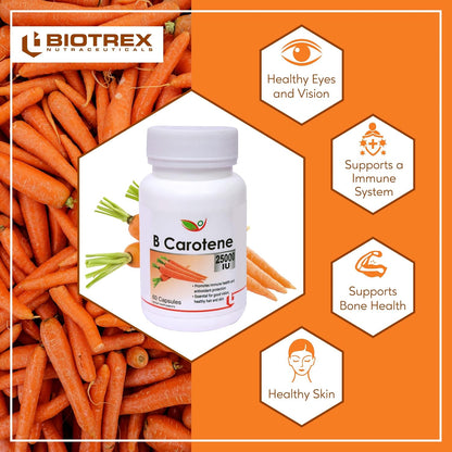 Biotrex Beta Carotene 25000IU - Essential for good vision, healthy hair and skin (60 Capsules), nutritional supplement, multivitamins, vitamin capsules, for men, women and adults, health supplements,