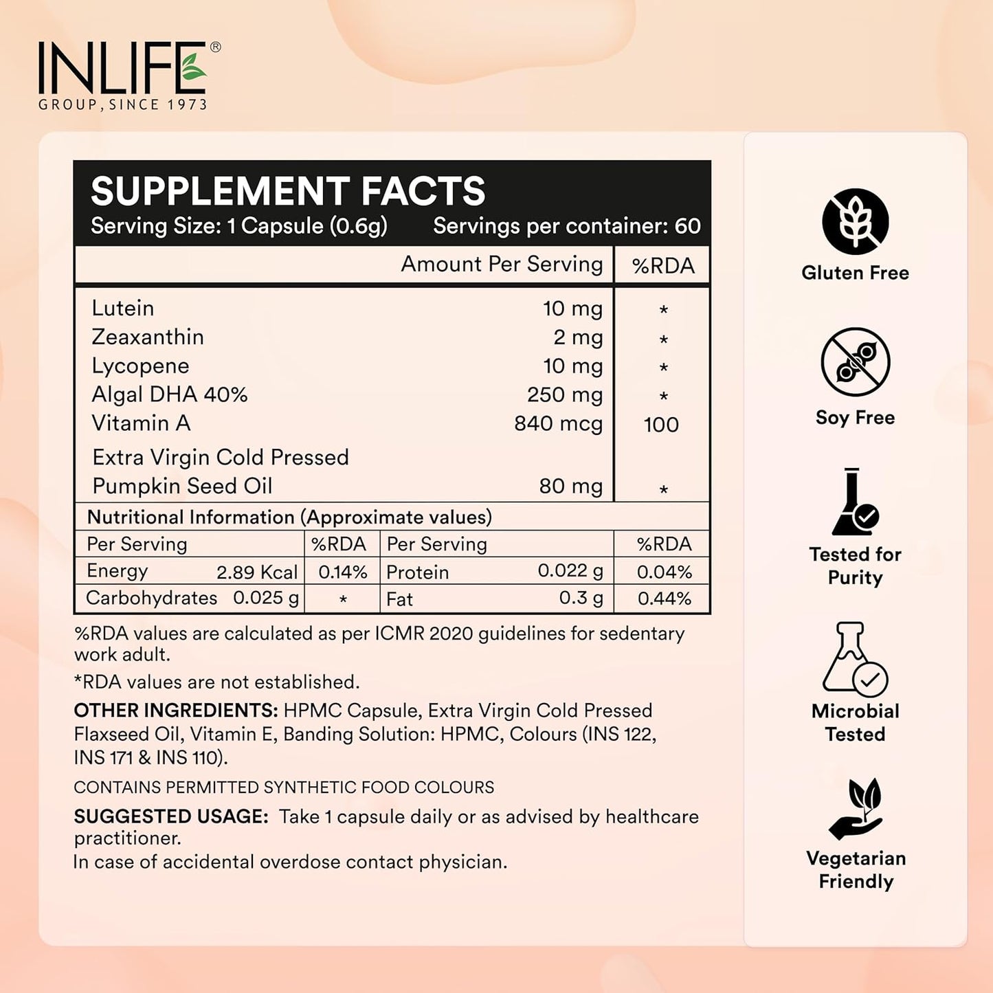 INLIFE Lutein (10mg) and Zeaxanthin (2mg) Supplements with Vitamin A, Lycopene, Algal DHA & Pumpkin Seed Oil | Supports Eye Health & Sleep, Cognitive Function - 60 Veg Capsules
