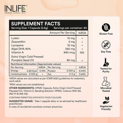 INLIFE Lutein (10mg) and Zeaxanthin (2mg) Supplements with Vitamin A, Lycopene, Algal DHA & Pumpkin Seed Oil | Supports Eye Health & Sleep, Cognitive Function - 60 Veg Capsules