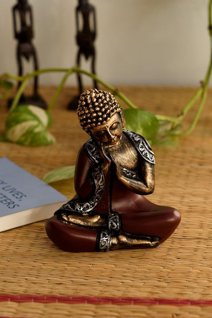 Antique Finish Handcrafted Thinking Buddha Polyresin Statue (12.5 cm x 7.5 cm x 16.25 cm, Red and Black)