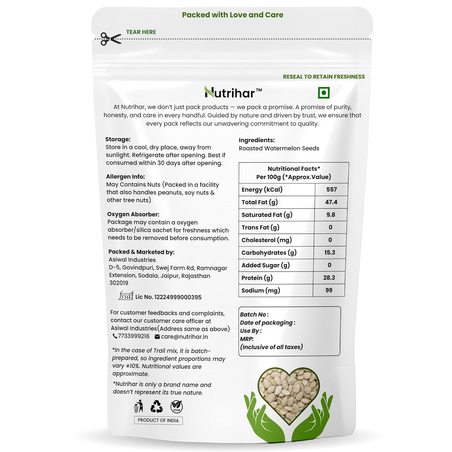 Nutrihar Roasted Watermelon Seeds 100g | Unsalted | No Added Oil | Roasted Magaj Seeds