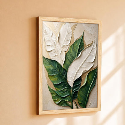 Modern Abstract 3D Textured Embossed Leaf Painting for Living Room, Green & White Tropical Leaf Motifs Rectangular Shape Framed Wall Painting for Home Decor (Size: 13x17 Inch)