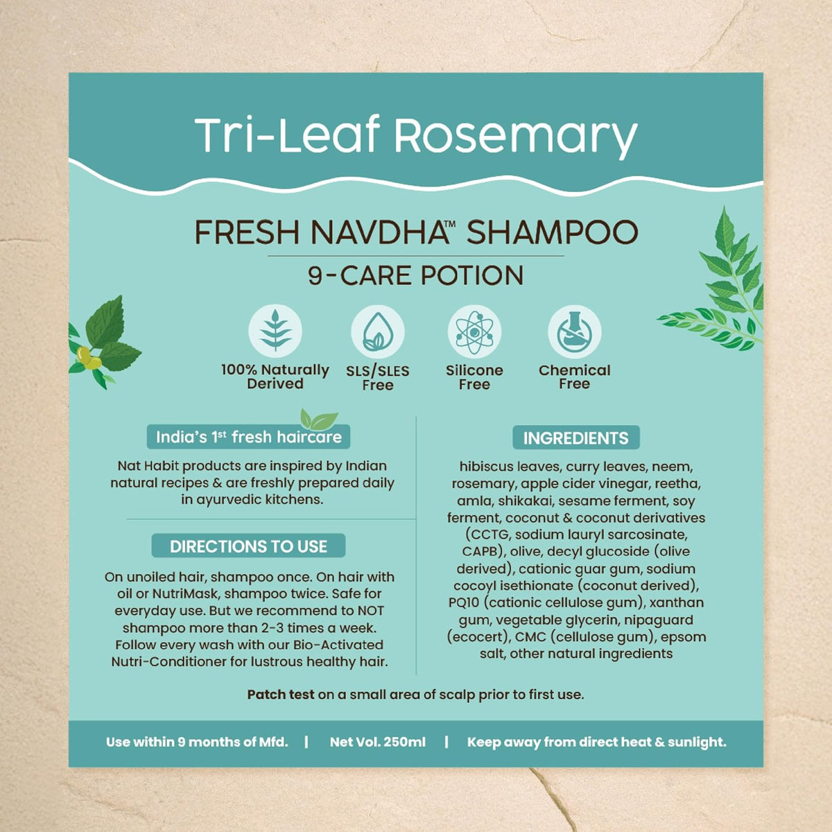 Product label for Tri-Leaf Rosemary Fresh Navdha Shampoo on a beige background