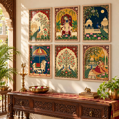 Madhubani Paintings Set of 6 Traditional Indian Folk Art Wall Painting With Frame for Living Room Bedroom Hotel Wall Decor Digital Reprint (10X13 Inch)