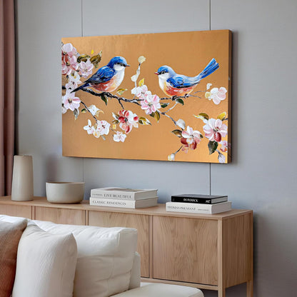 Stretched Canvas Glitter Gold Foil 3D Bird Wall Art with Cherry Blossom Flowers, Stretched Canvas Textured Floral Bird Painting Hand-Painted Blue Birds Sakura Branch Gold Art, 61x91 cm