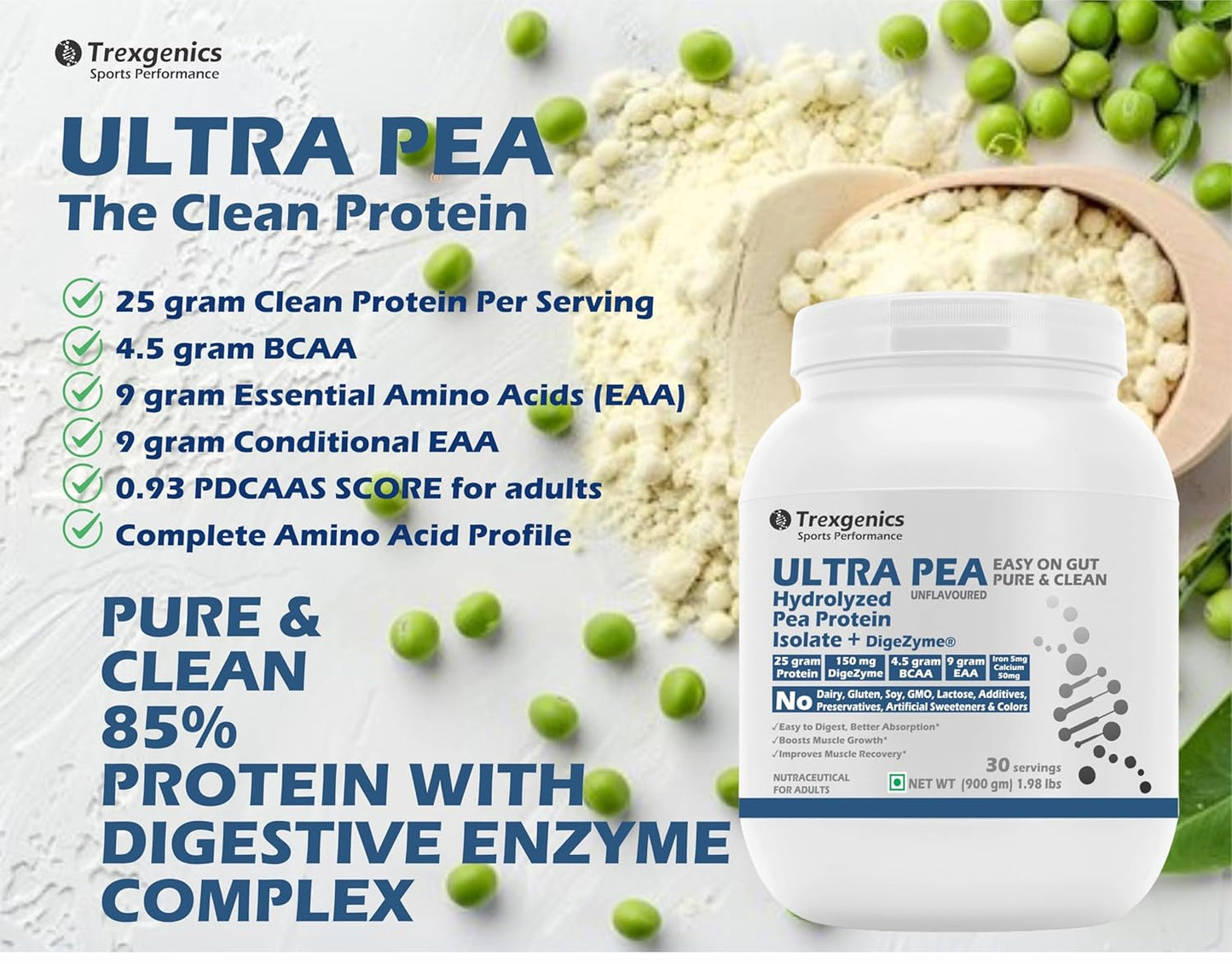Trexgenics ULTRA PEA Hydrolyzed Pea Protein ISOLATE UNFLAVOURED, 30 Servings, Easy on Gut, Pure & Clean 25gm PROTEIN, 4.5 gm BCAA, 9 gm EAA with DigeZyme Digestive enzyme Complex, Muscle Growth (900 gram)